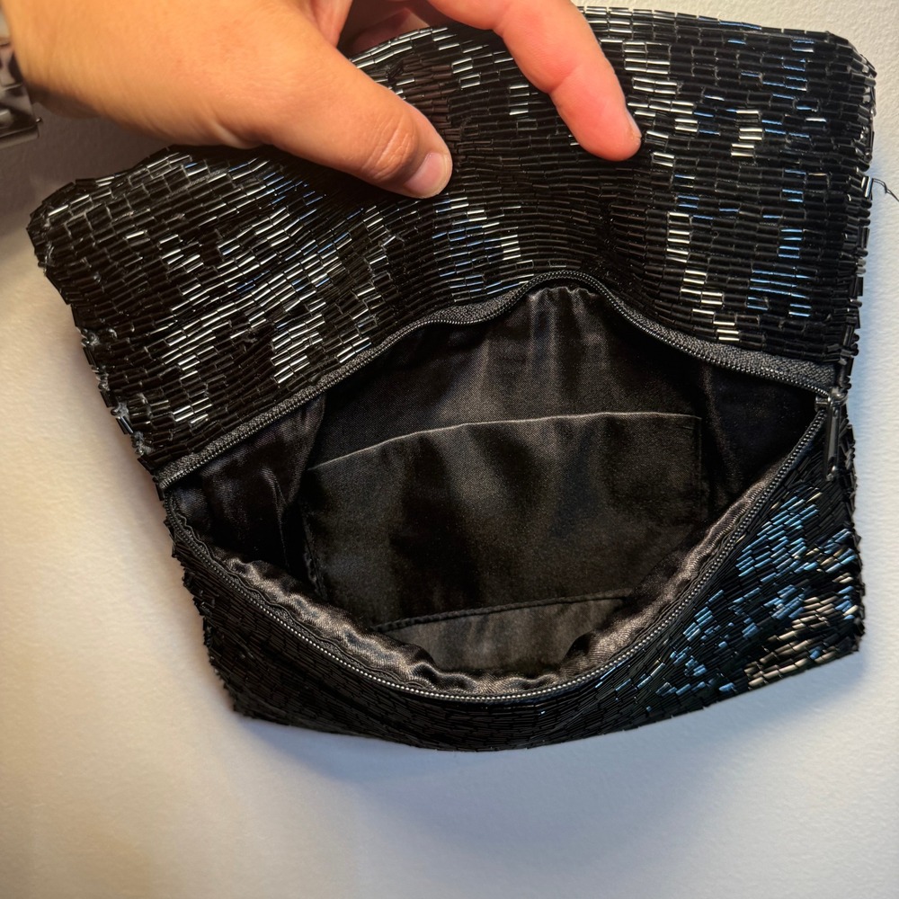 La Regale Vintage Black Bugle Bead Foldover Zip Clutch Evening Bag - Picture 2 of 6